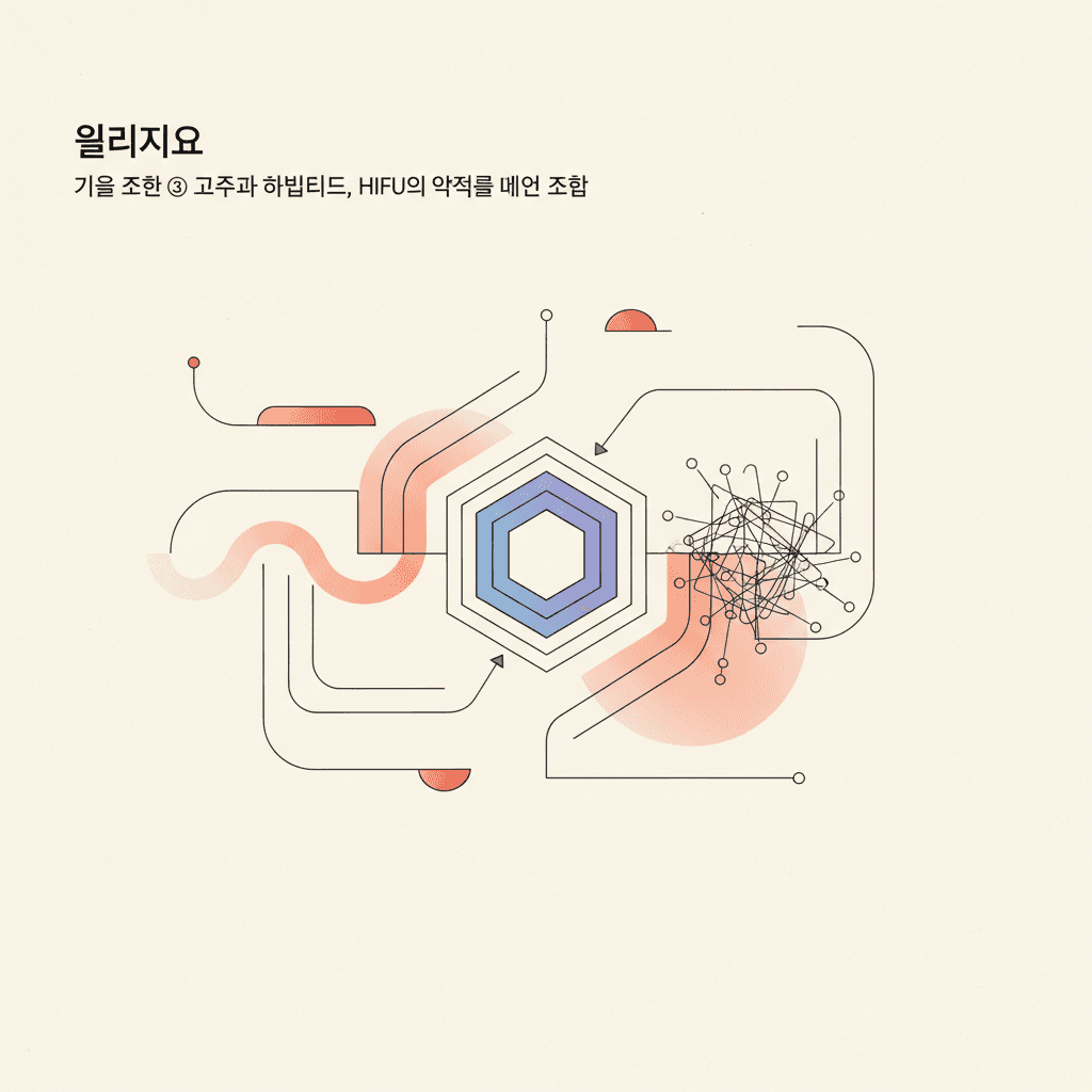 올리지오 기술 전환 ③ 고주파 하이브리드, HIFU의 약점을 메운 조합 — 피부관리 의료미용 인포그래픽
